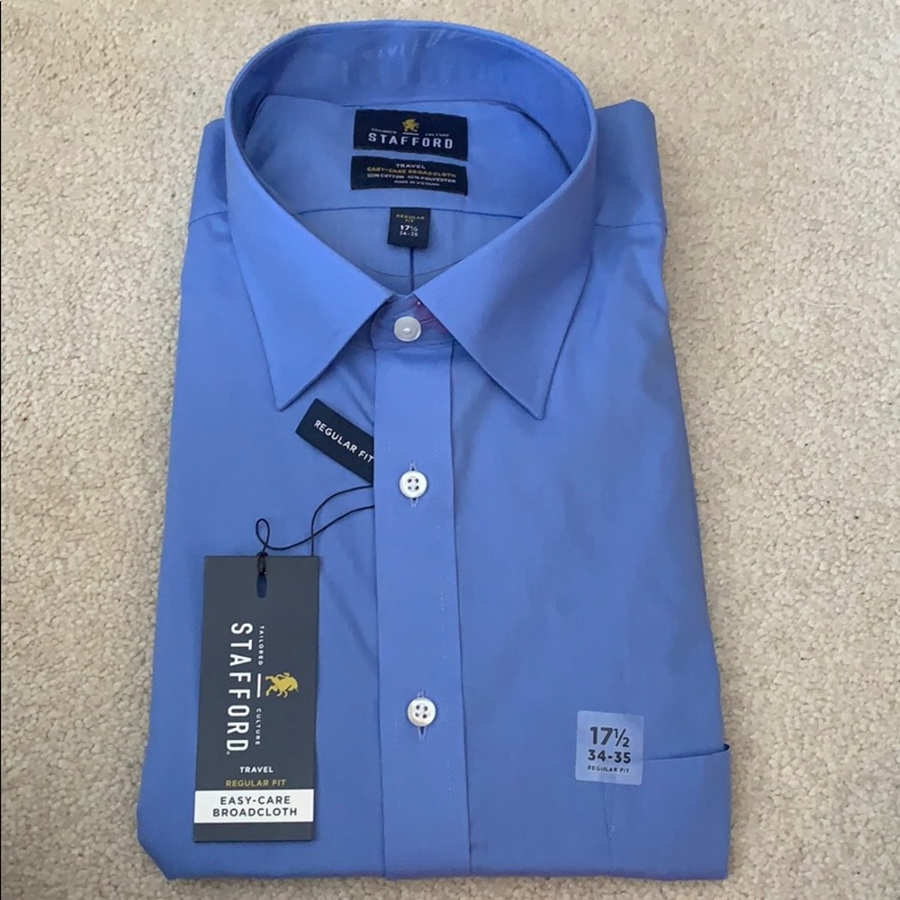 Men’s long sleeve blue dress shirt.